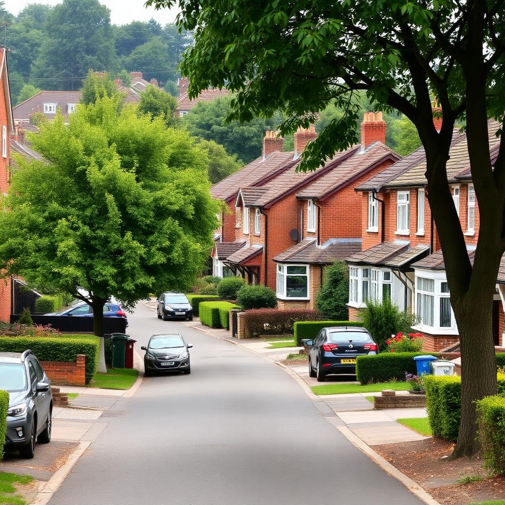 Quiet Feltham residential street of brick semi-detached houses with mature street trees