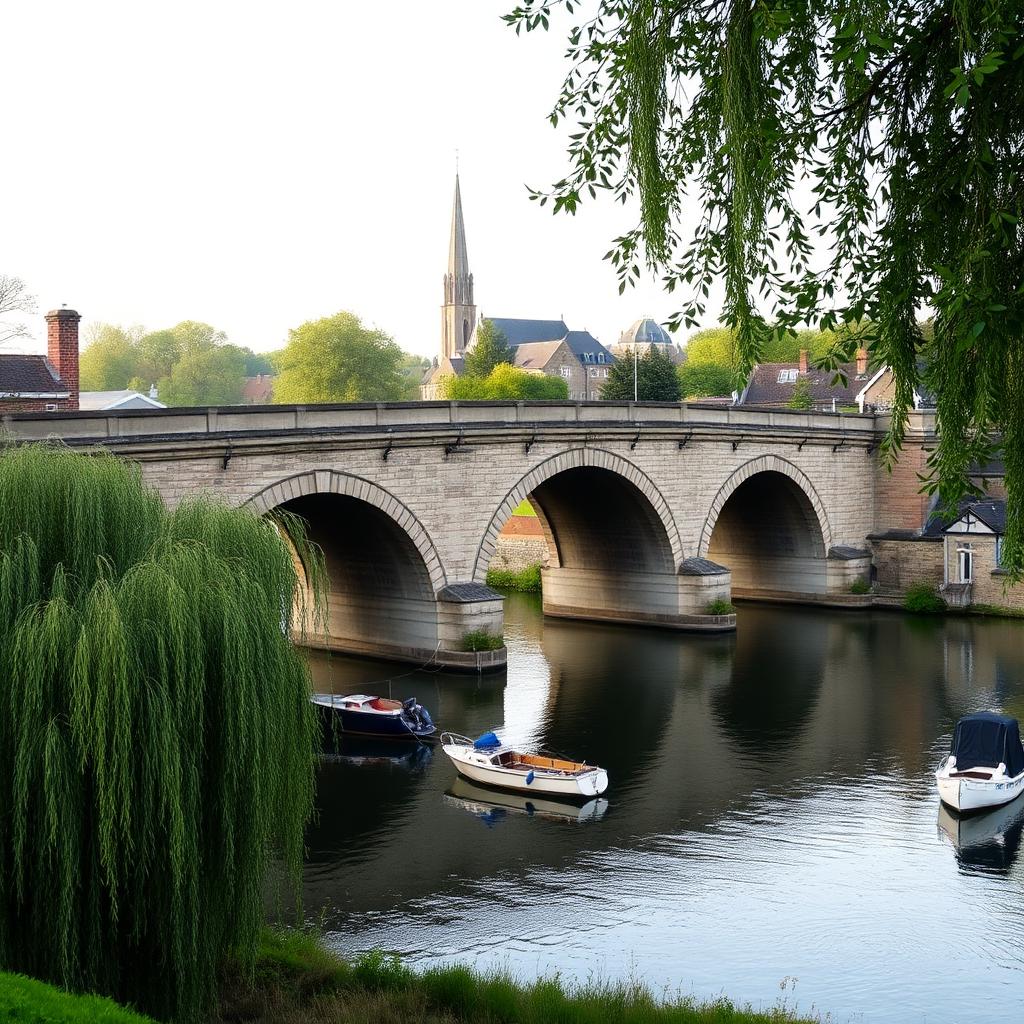 The historic stone arches of Chertsey Bridge over the River Thames with St Peter's spire beyond