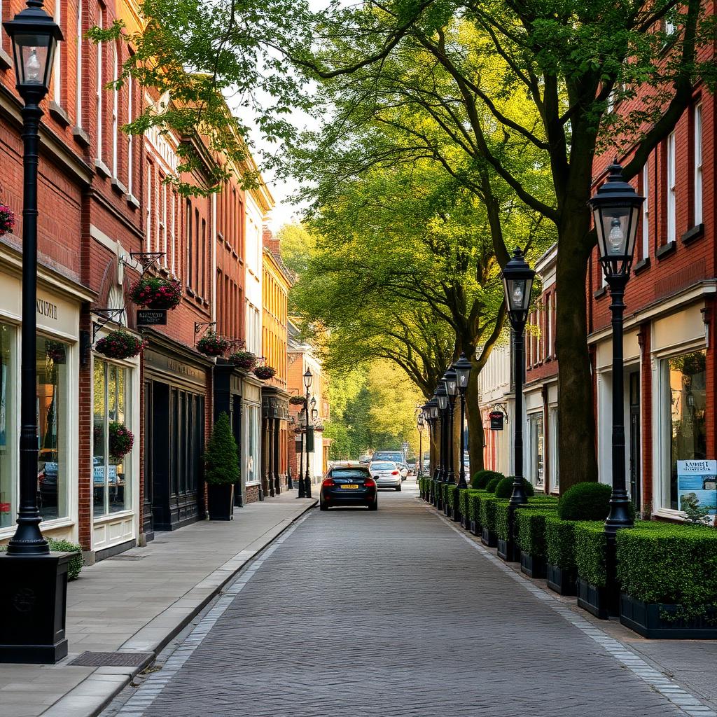 Weybridge high street with period brick shopfronts, hanging flower baskets and Victorian streetlamps