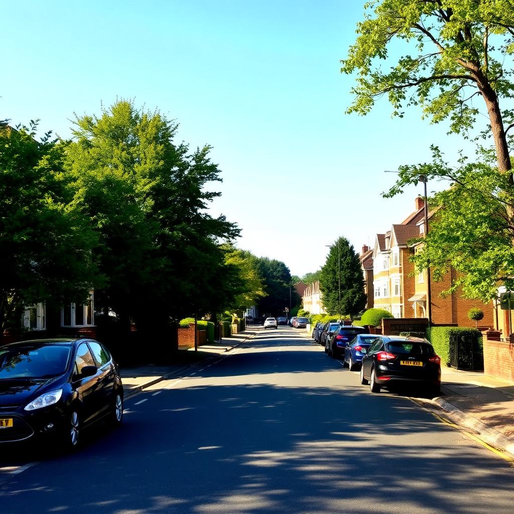 Leafy suburban residential street of 1930s semi-detached houses in Ashford, Surrey