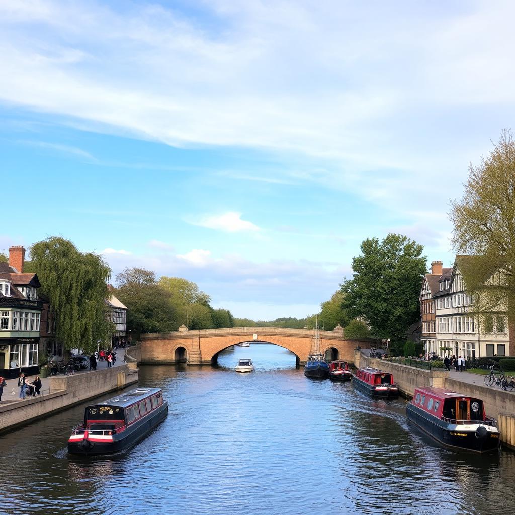 The River Thames flowing past Staines-upon-Thames town centre and Staines Bridge